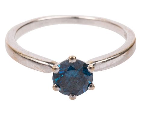 A blue diamond ringestimated to spread 0.60-065cts,  claw-set above the  plain tapering shank stamped '14K'ring size N, 2.2gC