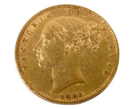 Victoria gold full sovereign, 1853young head facing left, rev crowned shielddiameter 23 mm., weight approx. 7.9gCondition: Im