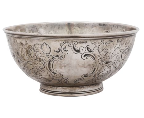 A Victorian silver sugar bowlLondon, 1856 by George Adams,circular with moulded rim and chased with a scroll framed vacant re