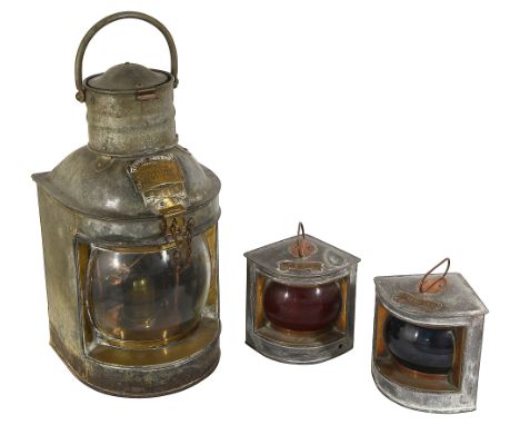 A Ships galvanised steel and copper Stern lamp and a pair of port and starboard lamps by Davey and Co.first bearing plaque Da