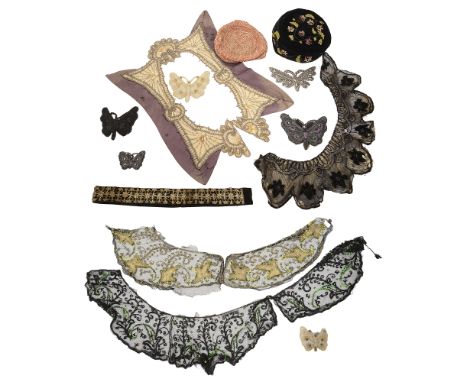 Victorian and later lace and other collars, beadwork butterfly dress appliqués etc.to include three lace collars and a blouse