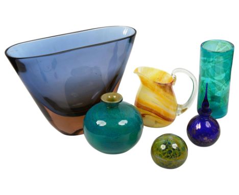 A collection of six pieces of Murano and Mdina type art glass,including: a large Murano Sommerso type vase, of flared form, i