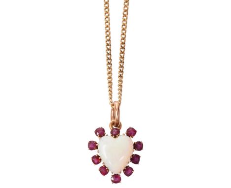 A 9ct ruby and opal heart shaped pendant necklacethe central carved opal within a surround of circular-cut rubies, mounted in