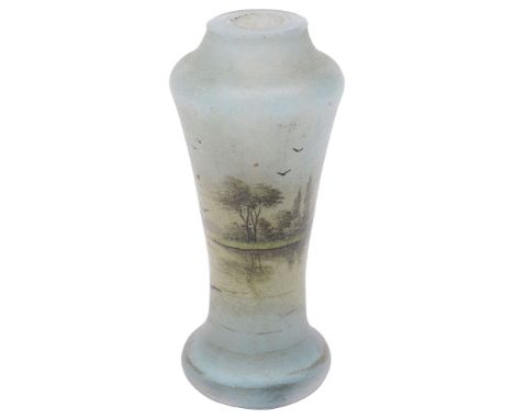 A Daum miniature glass vase c.1910of shouldered tapering form on spreading base, pale blue opalescent body decorated in ename