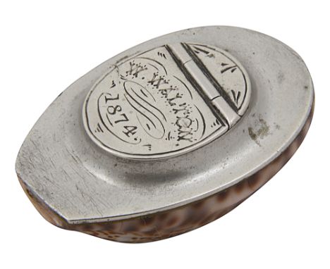 A small 19th century silver mounted cowrie shell snuff boxunmarked, possible Scottish provincialthe flush hinged cover engrav