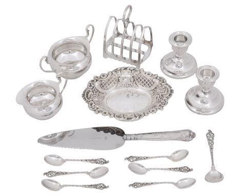 A set Norwegian .830 Dobbel Rokokko pattern set of six coffee spoons and sugar spoon, a toast rack and other silverfirst mark