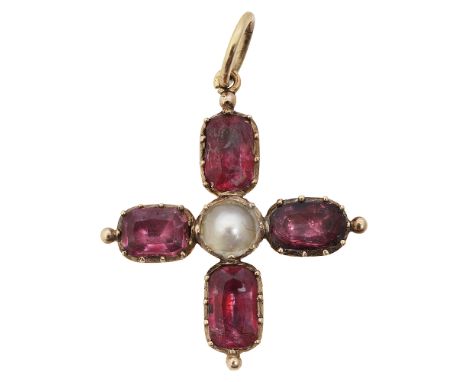 A Georgian pink tourmaline and pearl pendantthe cross with a  pearl (untested) to the centre and a foiled  tourmaline (untest