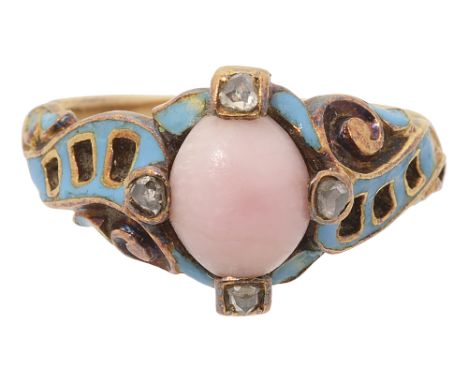 An early Victorian conch pearl and enamel ring, the central oval conch pearl with diamond-set collets to each of the cardinal