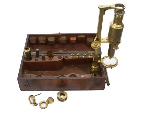 An early 19th century brass chest monocular microscopeunsigned, with brass body tube and pillar, rack and pinion focussing, s