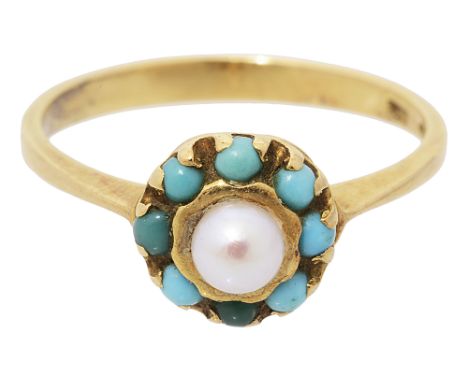 A late 19th century pearl and turquoise cluster ring the pearl untested surrounded by a cluster of turquoise in a flower form