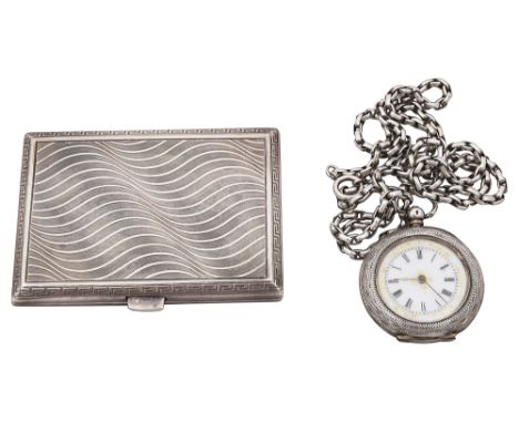 An early 20th century continental engine turned cigarette case and a Swiss silver lady's fob watch on guard chainfirst import