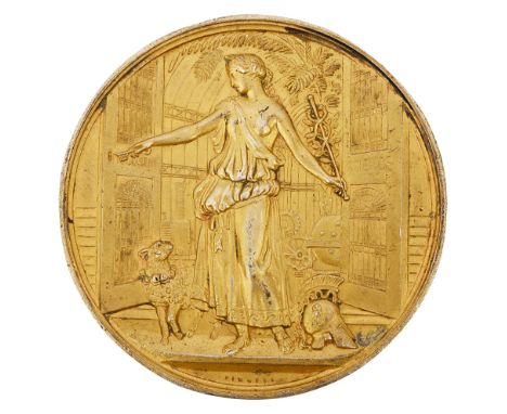 A silver-gilt prize medal For the London International Exhibition, 1884 by Pinches and A. Fischstanding Classical figure hold