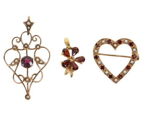 Three items of garnet-set jewellery:a garnet and half pearl open-work pendant stamped '9ct'; a garnet-set flowerhead pendant,
