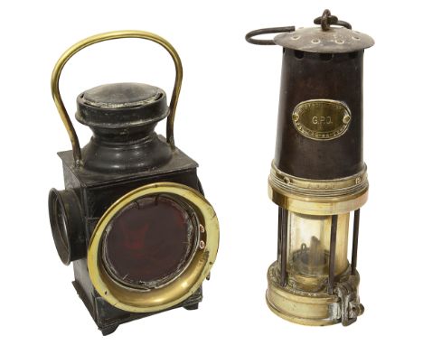 An early 20th century Powell &amp; Hanmer RAF automobile lamp and a Patterson &amp; Co Type A3 Miners safety lampfirst. black