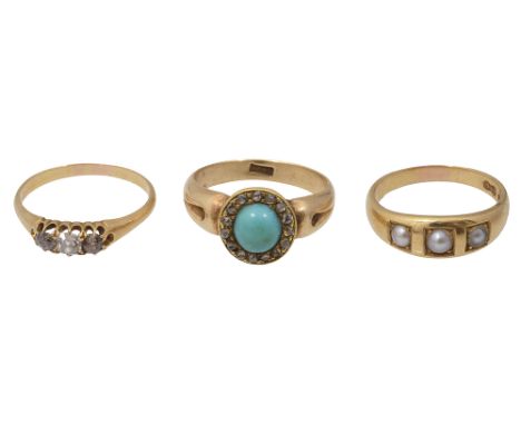 Three late 19th century gem-set rings: the first centrally-set with an old brilliant-cut colourless diamond with a similarly-