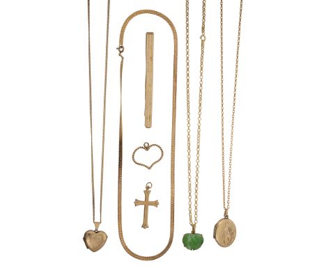 A small collection of mainly 9ct mixed jewellery comprising a heart shaped pendant with 375 control mark on a fine 9ct gold c