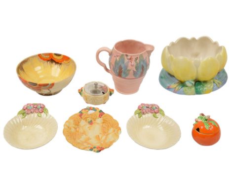 A collection of eight pieces of Clarice Cliff, including: a Wilkinson Pottery Bizarre 'Rhodanthe' patterned bowl, of ribbed f