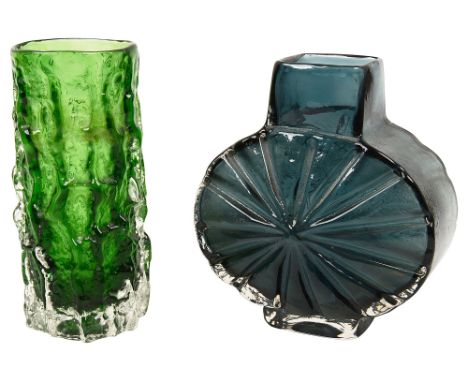 Two Geoffrey Baxter for Whitefriars glass vases, c. 1960s, including; a 'Sunburst' vase in indigo, pattern no. 9676, and a 'B