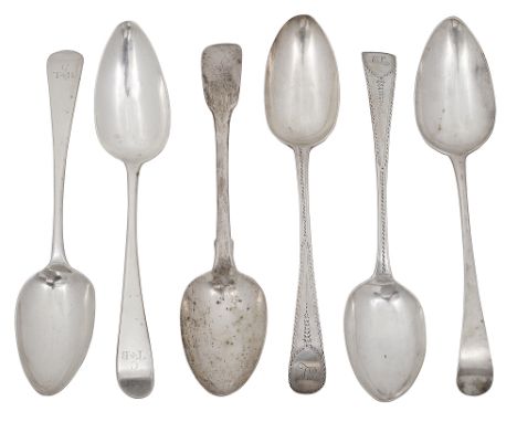 A pair of George III bright cut Old English pattern tablespoon, another pair of Old English pattern tablespoons and two other