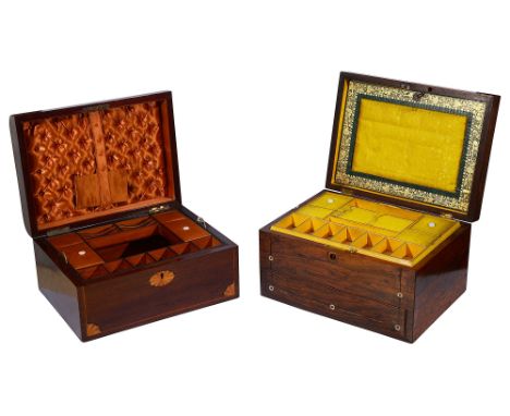 Two late 19th/ early 20th century sewing boxes, the first of rectangular form, in rosewood, inlaid with mother of pearl, cent