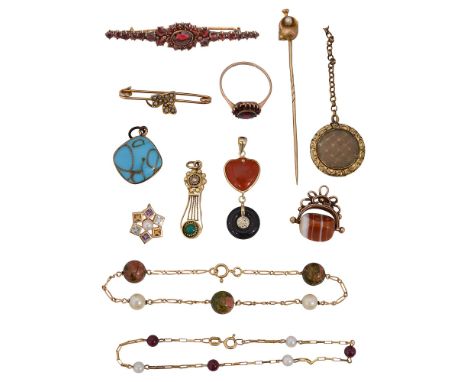 Various items of 19th century and later jewellery including: a garnet-set ring and brooch; a half pearl ivy leaf leaf bar bro