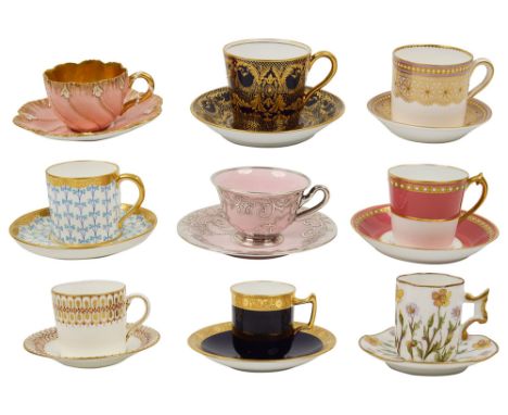 A collection of nine demi tasse coffee cups and saucers, including examples by Royal Doulton, Royal Worcester, Coalport, A. B