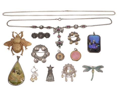 Assorted jewellery items including; a 19th century Austro-Hungarian gem-set and blister pearl fringe necklace,  a pendant dep