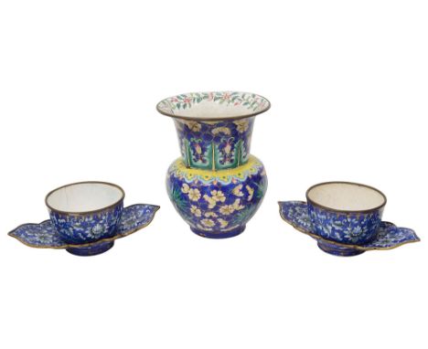 A Chinese Canton enamelled metal miniature zhadou,19th century, with flared neck, decorated with flower and bamboo over crack