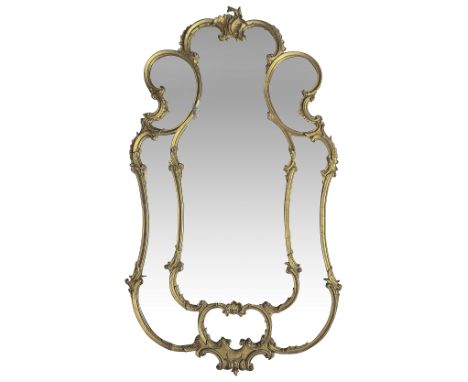 A 19th century Rococo gilt gesso framed wall mirror, shaped outline with with central plate, five marginal plates and acanthu