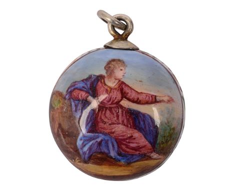 A late 19th century Austrian silver and enamel vinaigretteunmarkedof circular form, painted with cupid and his quiver, the re