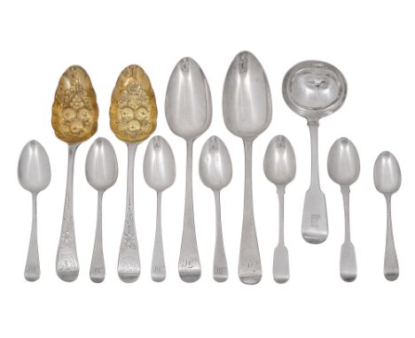 George III and later silver spoonsvarious dates and makerscomprising a pair of later berried old English pattern tablespoons 