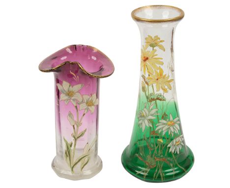 Two Art Nouveau enamelled glass vases in the manner of Legras / Mont Joye,early 20th century, the first with shaped rim of fa