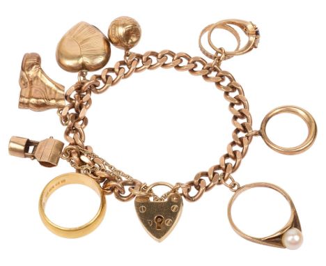 A 9ct charm bracelet with 22ct band,the bracelet marked on the twisted curb links .375, with a number of 9ct charms., wishing