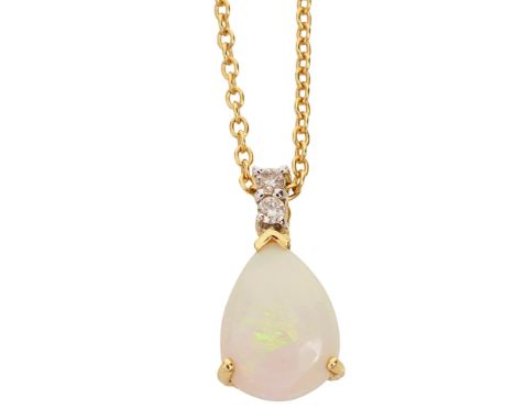 An opal and diamond pendant on chain, the ovoid white opal with a two stone diamond surmount stamped '750', suspended from a 