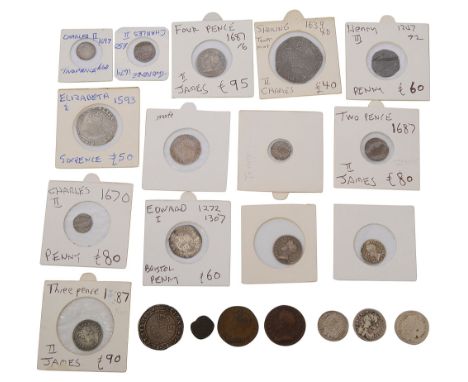 Medieval, Elizabethan and 17th century British coins to include Edward I Bristol penny, Henry III penny, Elizabeth I sixpence