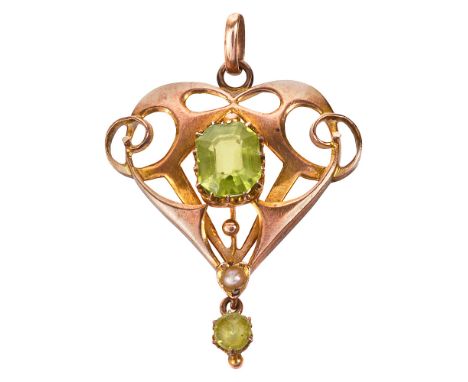 An Edwardian 9ct peridot and seed pearl pendantthe heart shaped pendant with central set peridot and peridot drop, marked on 
