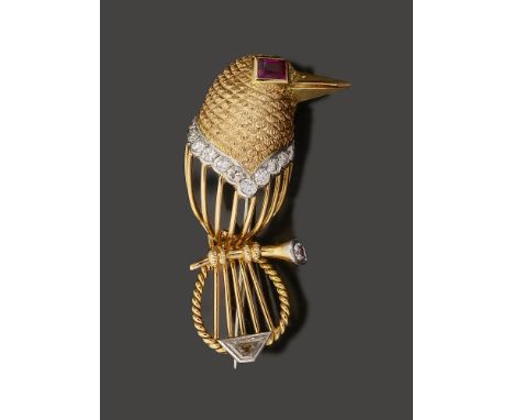A mid 20th century gem-set bird brooch by Cartiermodelled as a kookaburra or kingfisher perching on a branch, its textured an