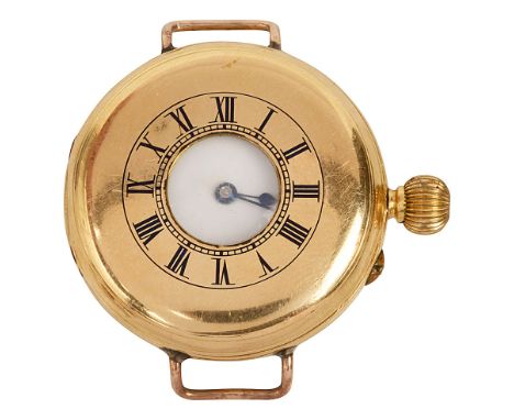 An Edwardian 18ct gold keyless half hunter pocket watchthe white enamel dial with Roman numerals, minute track and blue steel