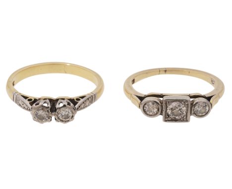 Two diamond-set ringsthe first coronet-set with two brilliant-cut diamonds  above the decorated shoulder and plain shank, sta