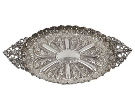 A late Victorian silver twin handled dishLondon, 1897 by Charles Edwardsoval with with shaped sides and cast, lobed and folia