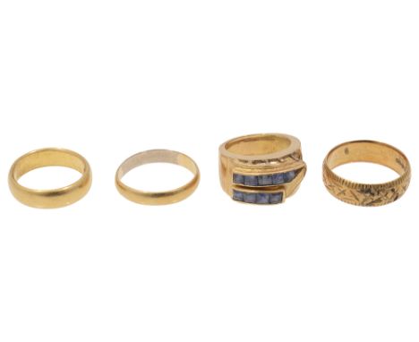 A calibré-cut sapphire-set (one deficient) ring stamped '750'; together with three wedding bands, one hallmarked 22ct and two