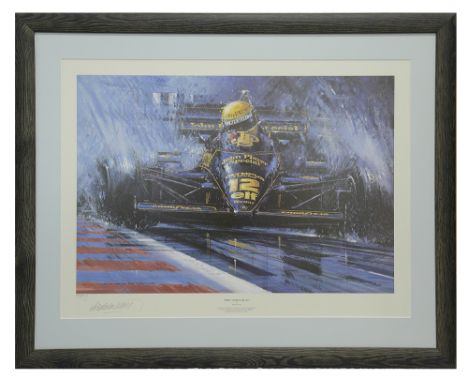 Formula One : A limited edition print by Nicholas Watt 'First Among Equals', depicting Ayrton Senna's first race victory, sig