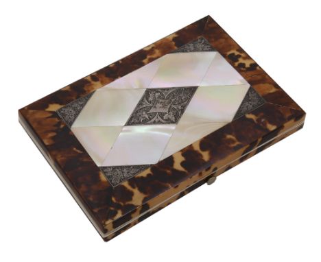 An early Victorian tortoiseshell, mother of pearl, abalone and silver veneered card caserectangular cushion shape, the silver