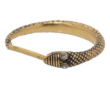 A Georgian yellow gold and black enamel ouroboros jewel, the snake's head with rose-cut diamond collet-eyes to the tapering b