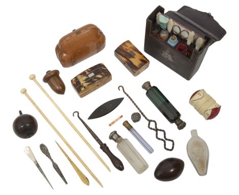 A mid 19th century French leather cased etui and a collection of scent bottle and sewing itemsfirst contained in a contained 