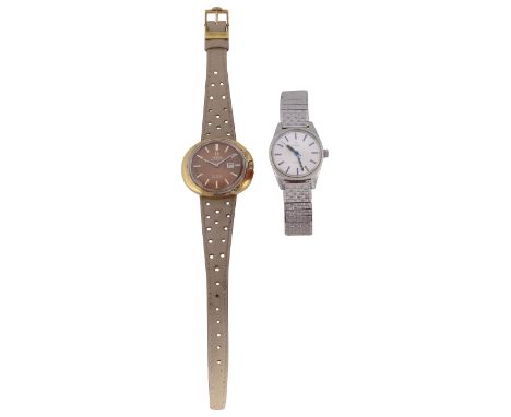 A lady's gold plated Omega Automatic De Ville Dynamic wristwatchlight brown dial, white baton numerals, date just, together w