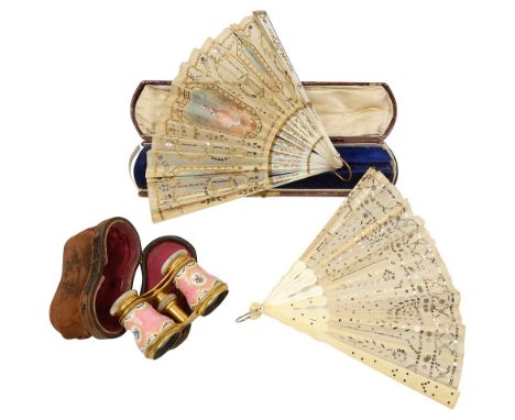 A pair of late 19th century French gilt brass and enamel opera glasses and two French fansfirst having pink ground barrels de