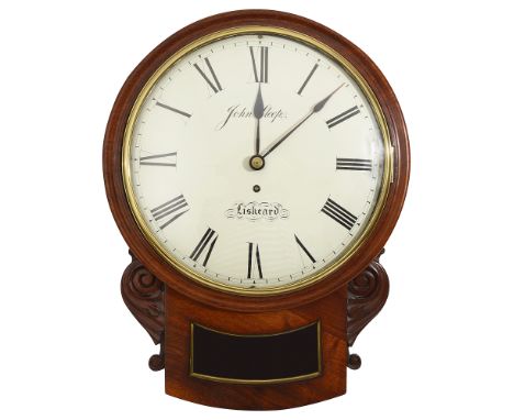 An early 19th century mahogany drop dial fusee wall clockthe 12" white painted dial with black Roman numerals and minute trac