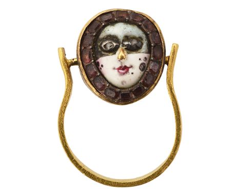 A mid / late 18th century gem-set and enamel masquerade ring, the oval concave  plaque enamelled female face with  masked dia