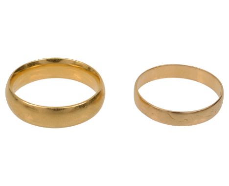 Two wedding bands,one 22ct yellow gold, the other 18ct yellow gold (2)ring size N1/2 and O1/2 respectively, 7.4g and 1.7 g re